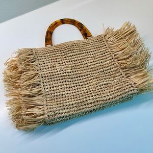 Hat Attack Tan Woven Satchel with Tortoise Handles